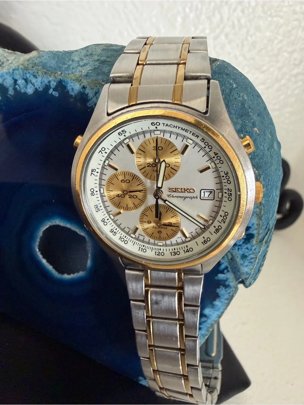 NEAR MINT Seiko Gold Panda 7T32-7C60 Alarm Chronograph Two Tone 1996 WORKING